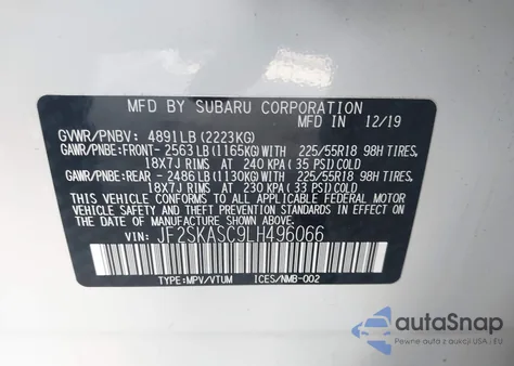 2020 Subaru Forester Limited z USA, uszkodzony, nr VIN JF2SKASC9LH496066